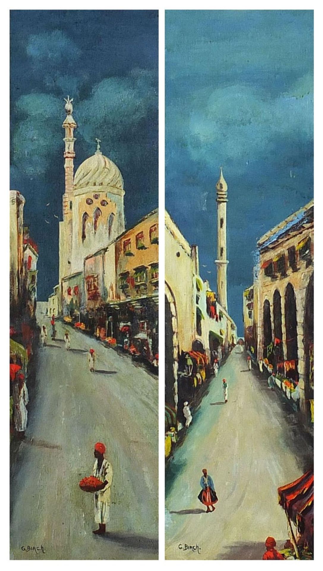 G Birch - Arab street scenes, pair of watercolours, Stacy Marks labels verso, mounted and framed,