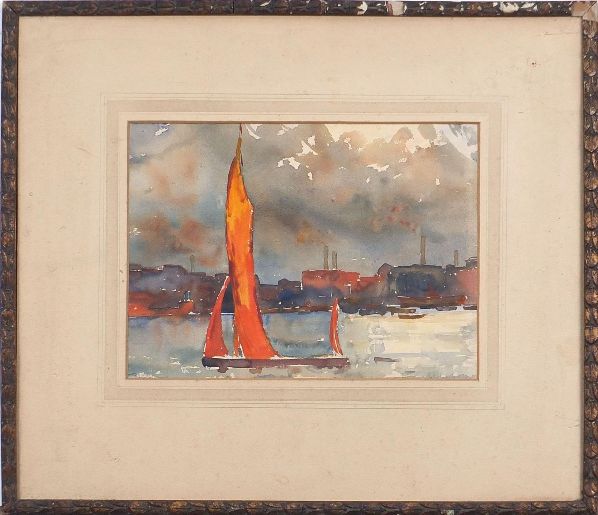 Sailing boat on water before buildings, watercolour, mounted and framed, 28cm x 25cm excluding the - Image 2 of 4