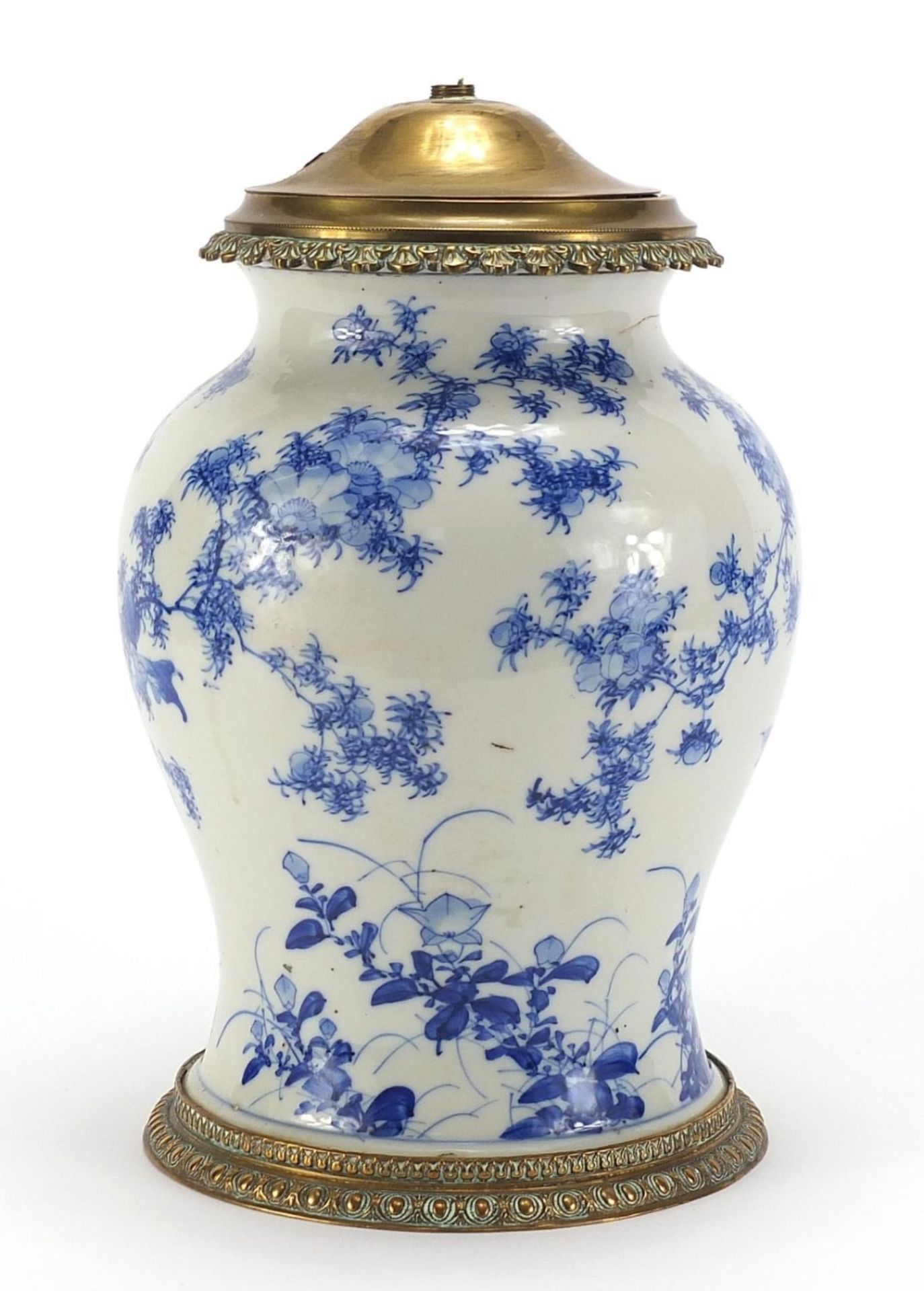 Japanese blue and white porcelain baluster vase table lamp with brass mounts, hand painted with - Image 3 of 6