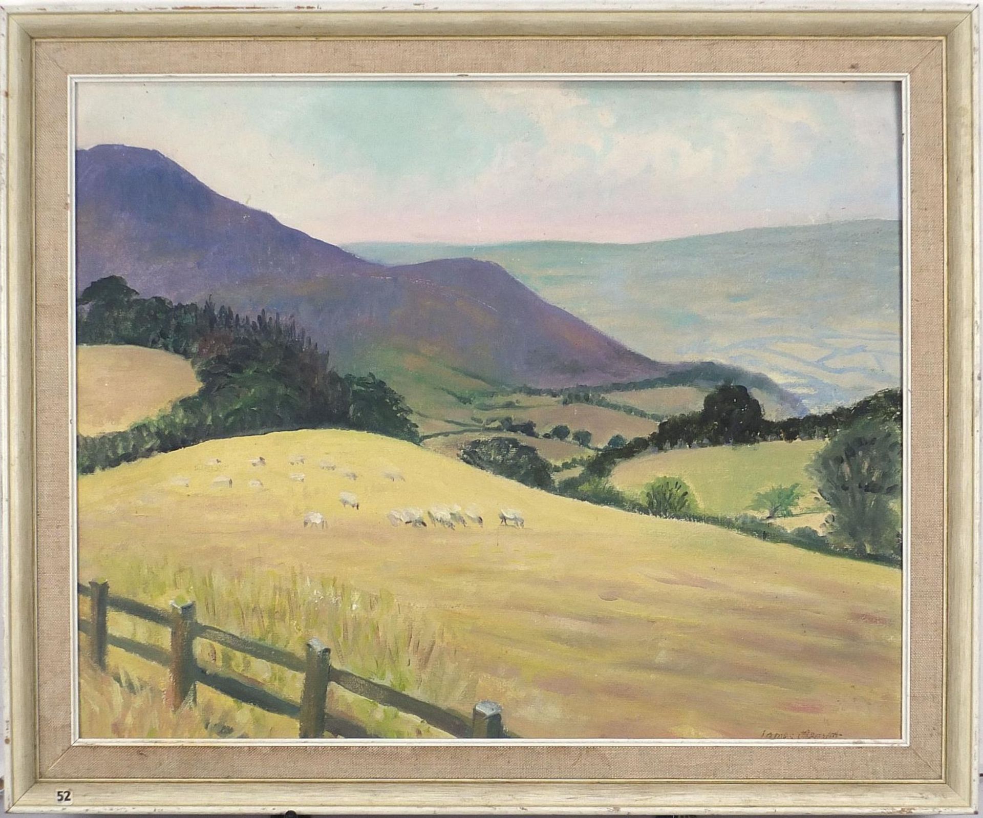 Sheep grazing before mountains, oil on board, indistinctly signed, possibly James...? mounted and - Image 2 of 6