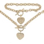 Tiffany design love heart necklace and bracelet set with clear stones, 42cm and 16cm in length,
