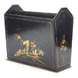 Chinese chinoiserie black lacquered magazine rack decorated with a figure in a landscape, 37cm H x