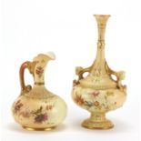 Royal Worcester, Victorian blush ivory vase with twin rams head handles and a jug, each decorated