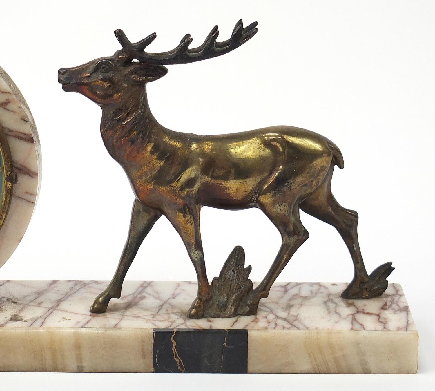 Art Deco marble stag design mantle clock with circular dial and chapter ring having Arabic numerals, - Image 3 of 6