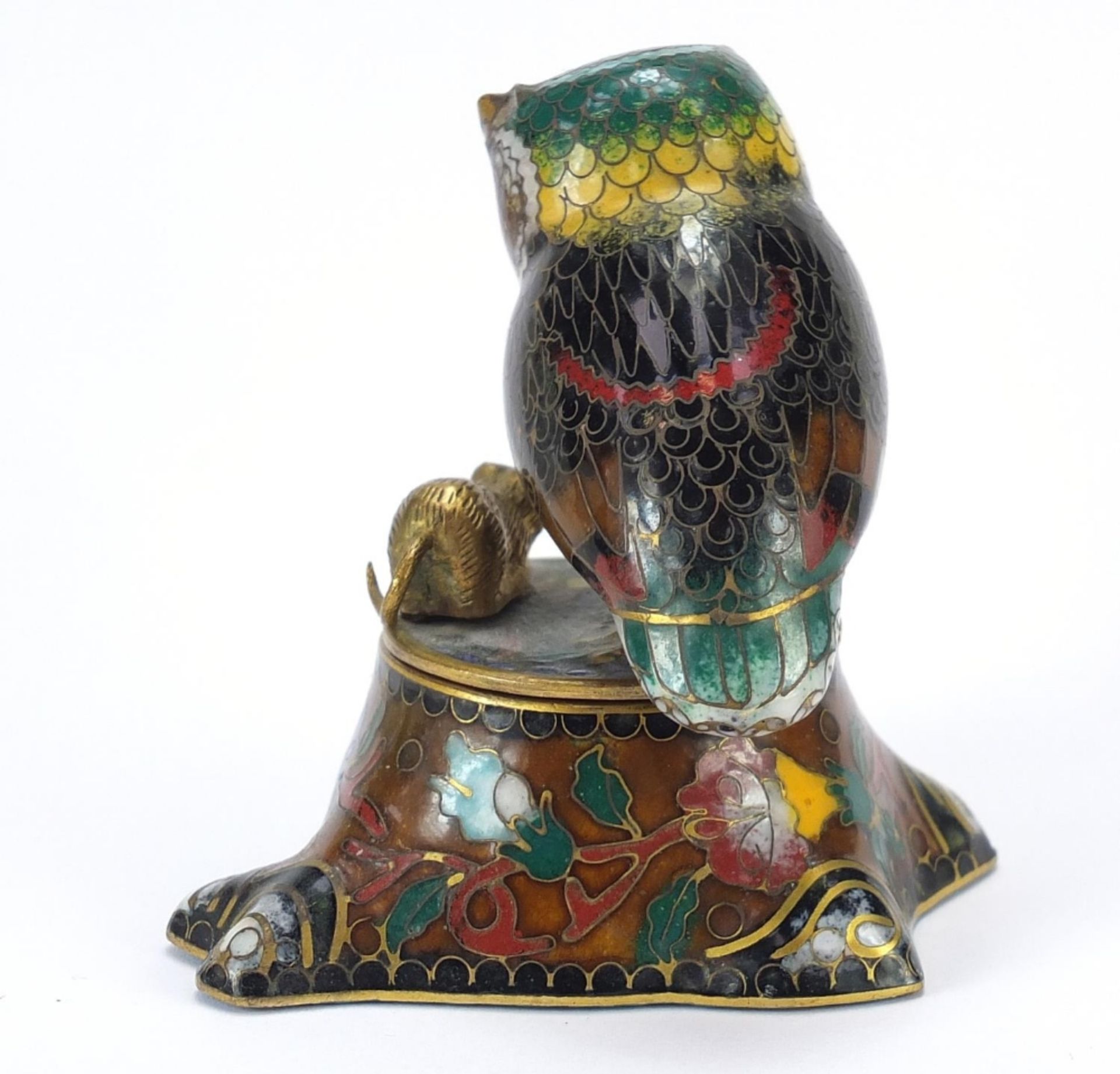Chinese owl design cloisonne pot with cover, 6.5cm high : For Further Condition Reports Please Visit - Image 2 of 3