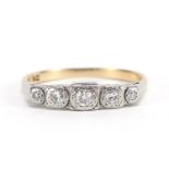 Art Deco 9ct gold graduated diamond five stone ring, the centre diamond approximately 2.1mm in