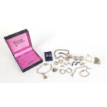 Silver jewellery including Simply Charms charm bracelet, diamond earrings, enamelled earrings and