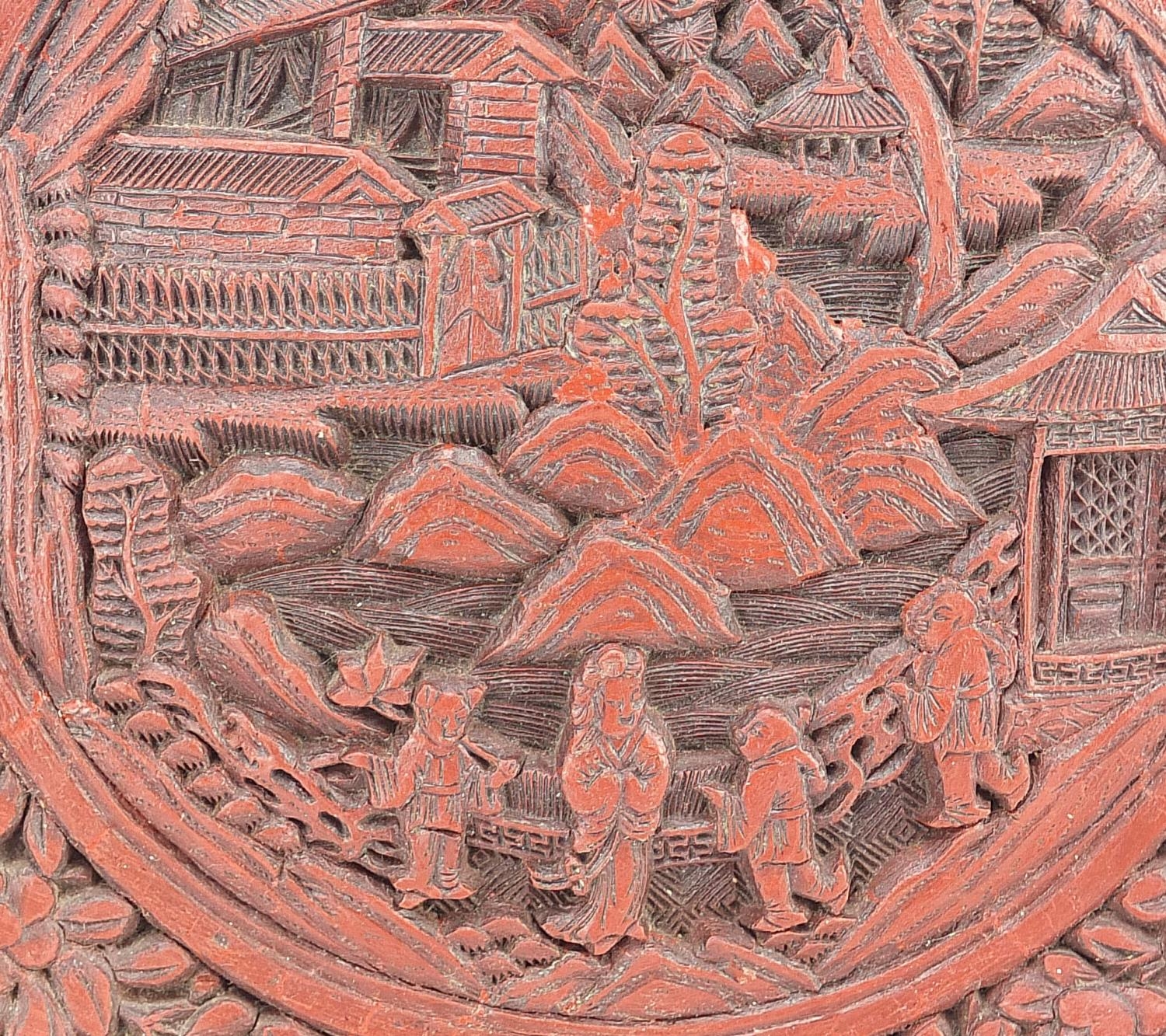 Chinese cinnabar lacquer plate and box with cover, each carved with figures, the largest 21cm in - Image 2 of 10