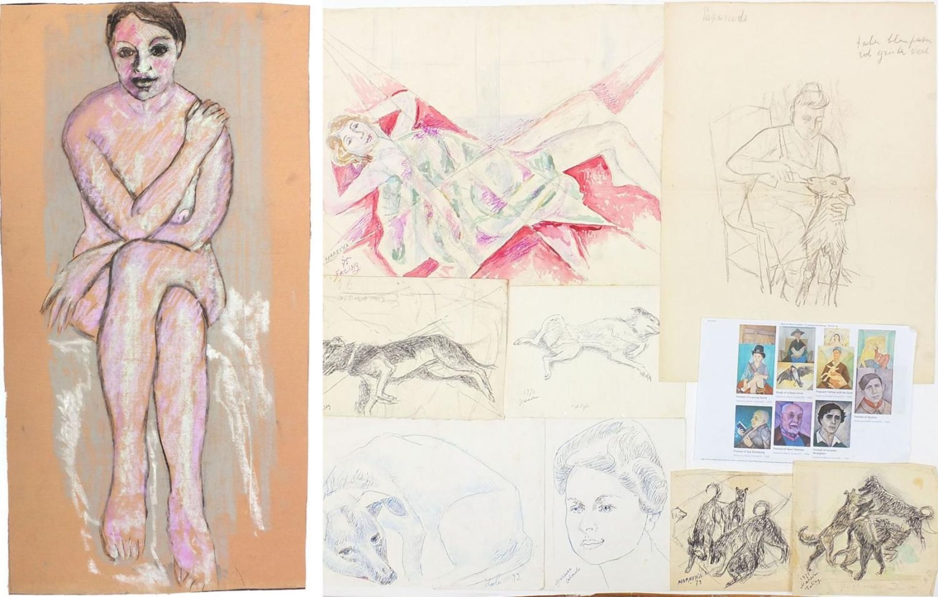 Marie Borobieff Marevna - Collection of studio works including portraits and dogs, ink, pencil and