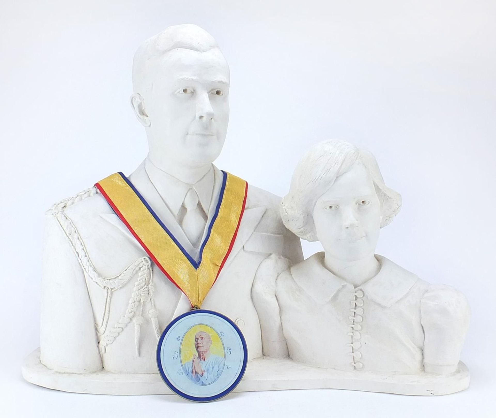 Large plaster sculpture of a man and girl, 65cm wide : For Further Condition Reports Please Visit