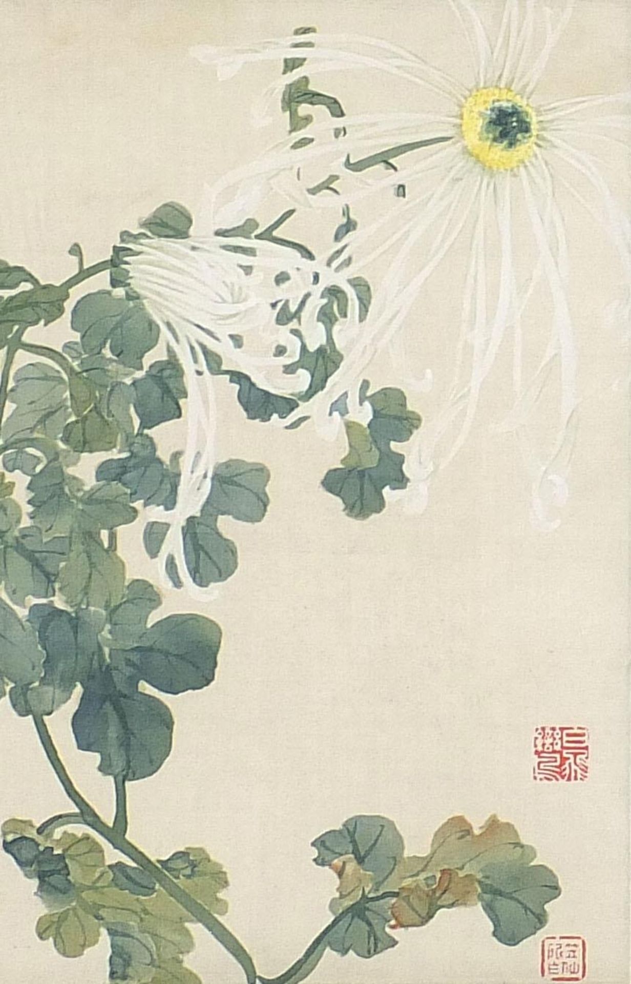 Leaves and flowers, set of three Chinese watercolours on silks, each with red seal marks, mounted, - Image 12 of 15