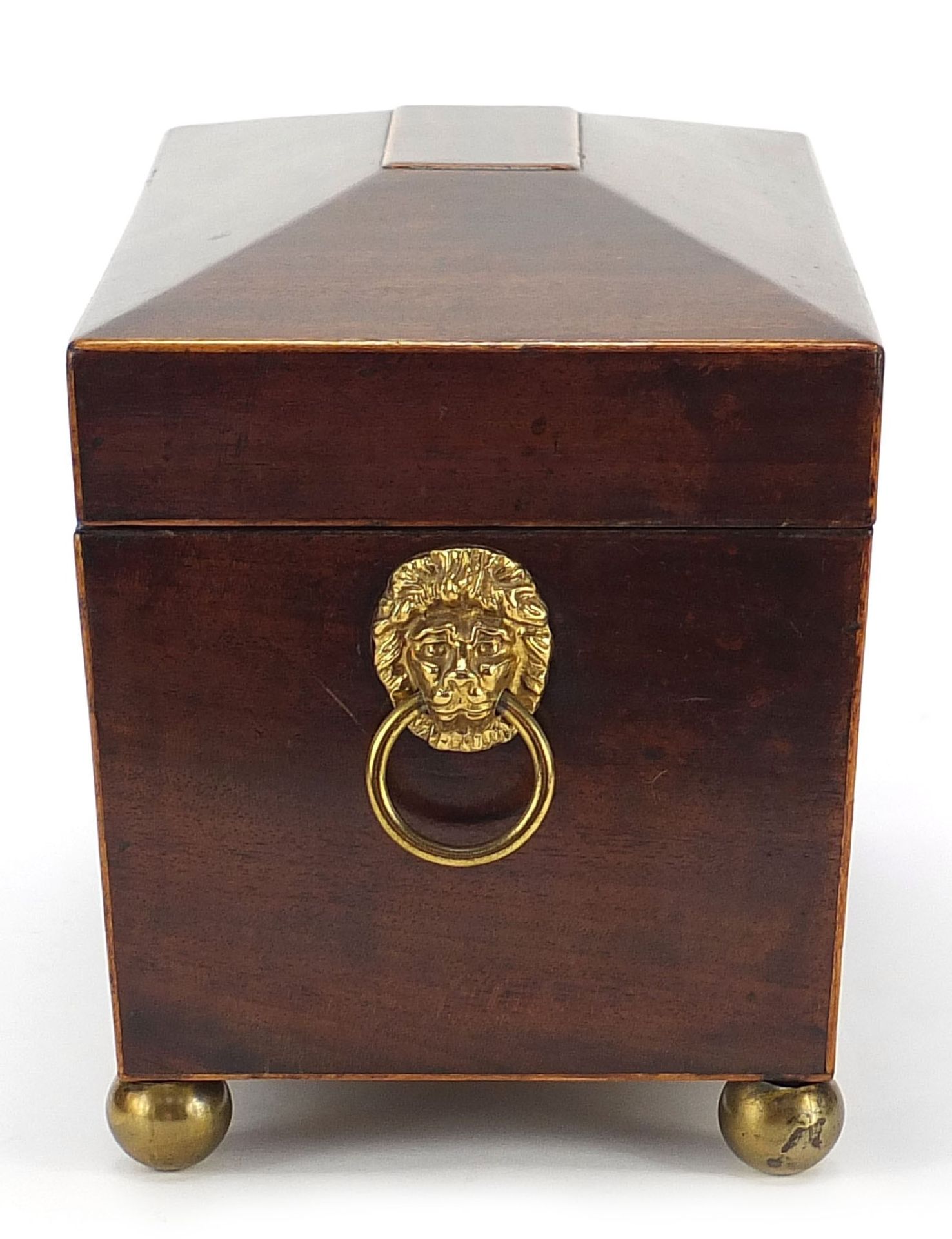 Victorian mahogany sarcophagus shaped tea caddy with ring turned lion head handles and fitted - Bild 5 aus 8