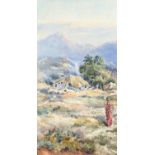 Figure before a village and mountains, Asian school watercolour, unframed, 42.5cm x 22.5cm : For