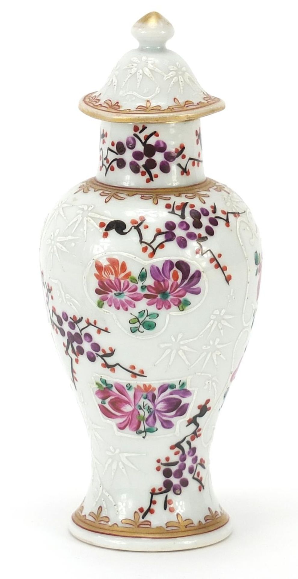 Samson porcelain baluster vase and cover hand painted with flowers and armorial crest, 14.5cm high : - Image 3 of 8