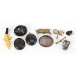 Antique and later jewellery including vulcanite locket, silver Scottish agate harp brooch, brass