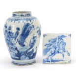 18th century Delft blue and white vase hand painted with flowers and a tile hand painted with a