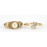 18ct gold white sapphire crossover ring and 9ct gold pearl ring, sizes O and P, 4.7g : For Further