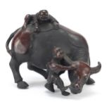 Chinese patinated bronze figure of two boys on a water buffalo, 16cm in length : For Further