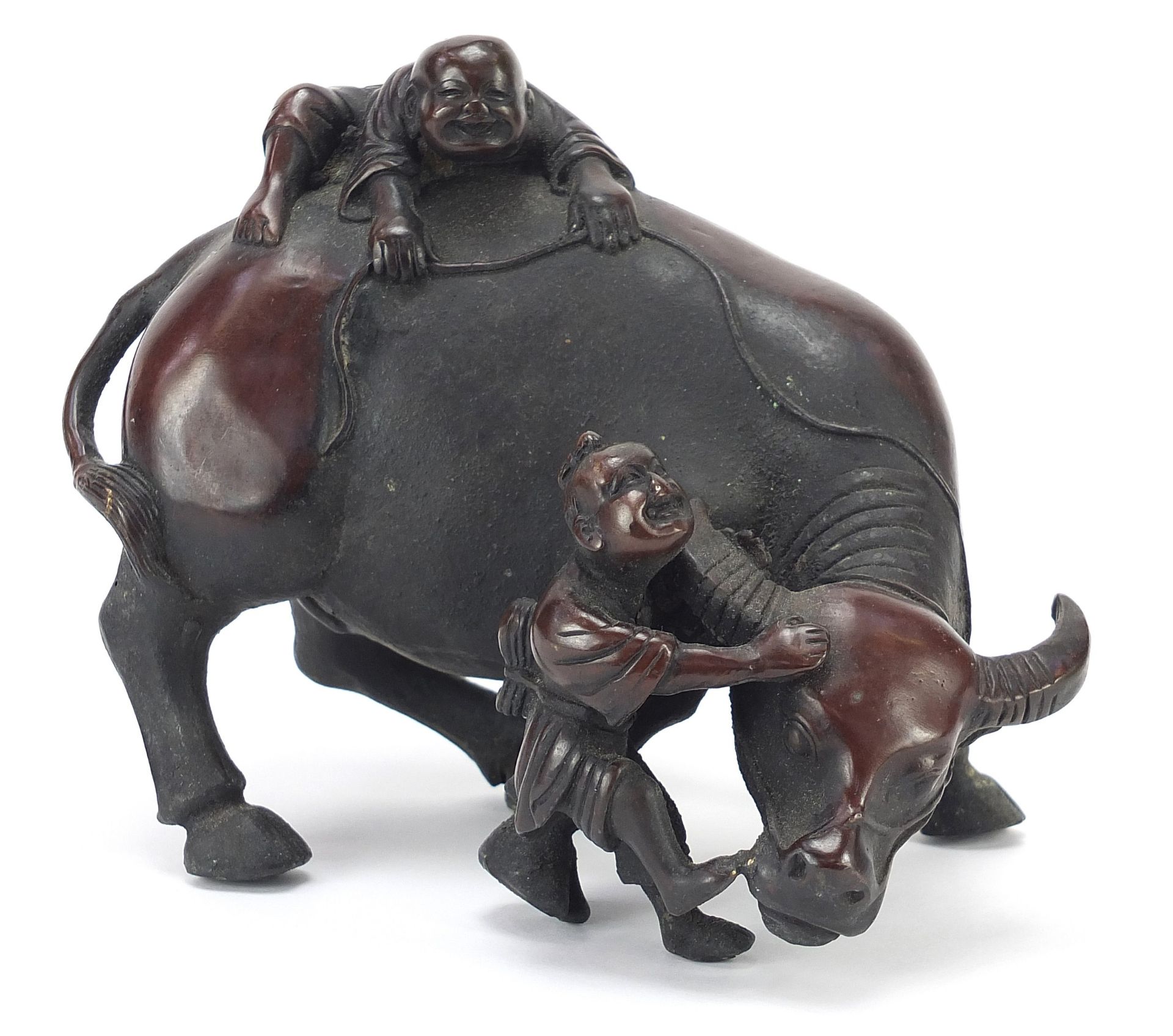 Chinese patinated bronze figure of two boys on a water buffalo, 16cm in length : For Further