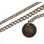 Two silver watch chains, one with 1906 six pence, the largest 38cm in length, total 34.0g : For