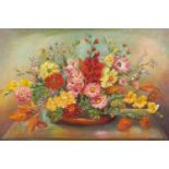 Violet Harrison - Still life flowers, oil on canvas, framed, 75cm x 50cm excluding the mount and