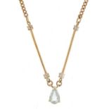 9ct gold blue stone and diamond necklace, possibly aquamarine, 46cm in length, 4.2g : For Further