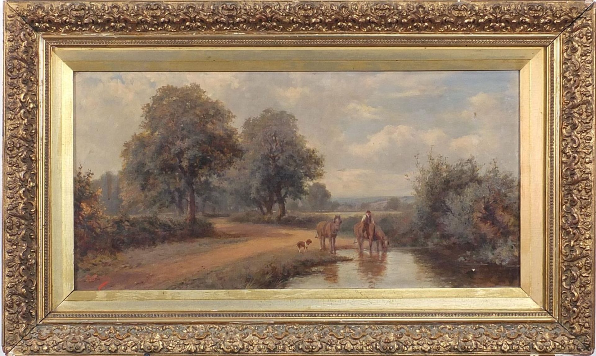 Horses beside a path and water, Edwardian oil on canvas, monogrammed MH, mounted and framed, 60cm - Bild 2 aus 4