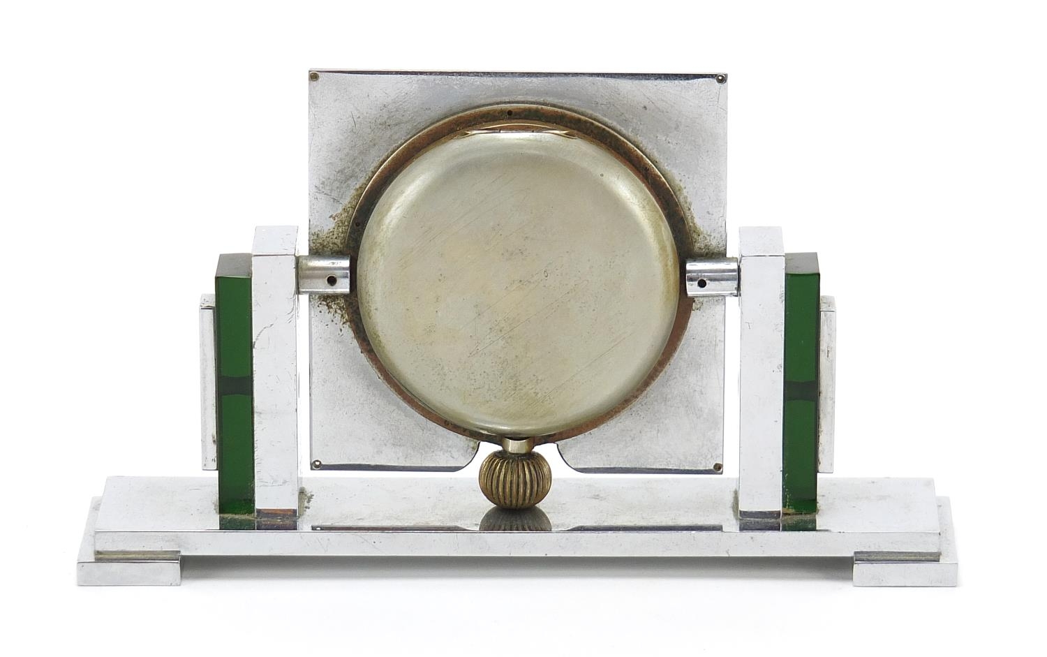 Art Deco chrome and Bakelite eight day desk clock retailed by Asprey of London, 16cm wide : For - Image 3 of 7