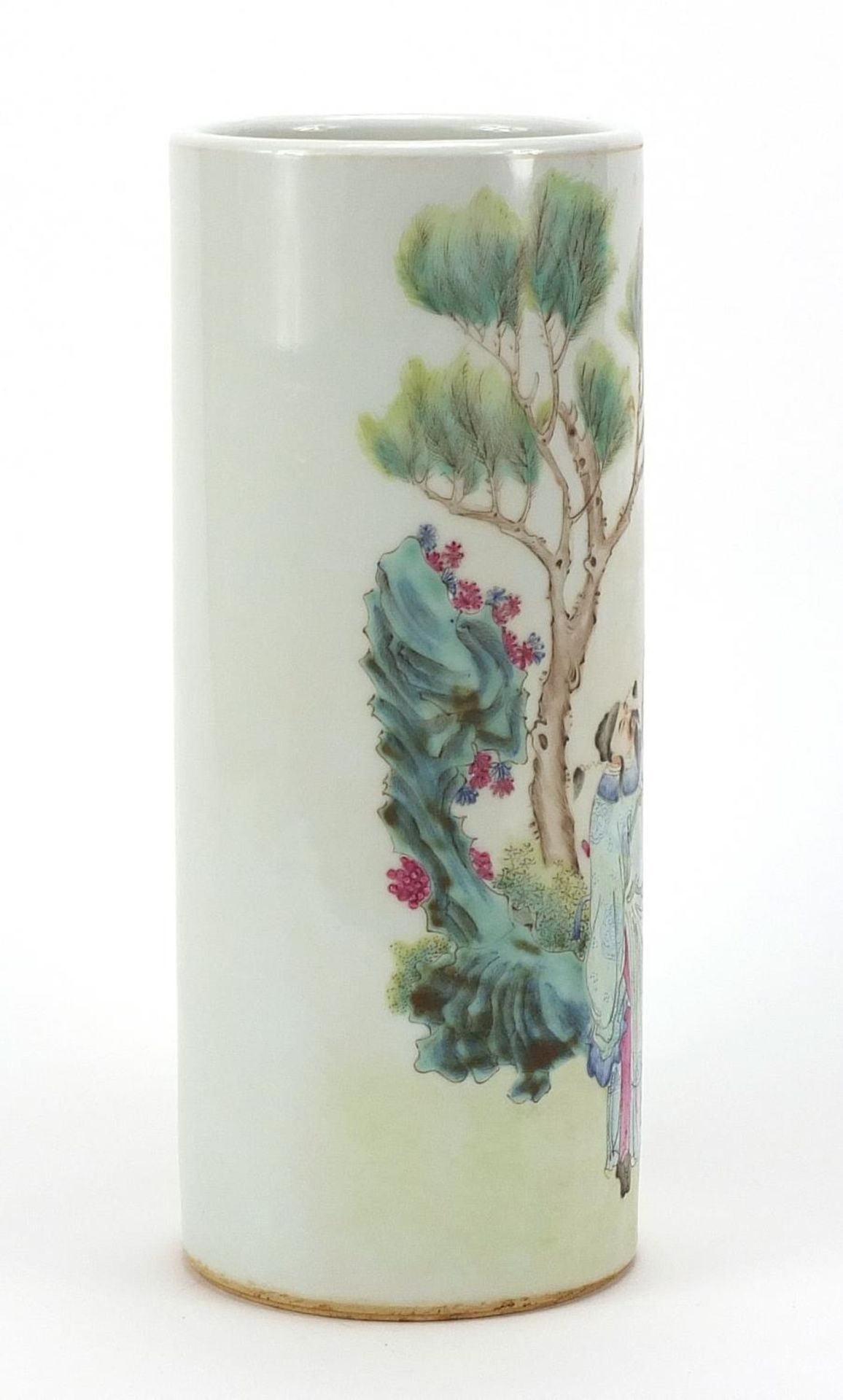 Chinese porcelain cylindrical vase hand painted in the famille rose palette with two figures in a - Image 4 of 7