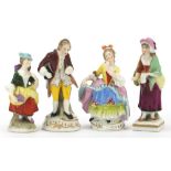 Three Chelsea style porcelain figures and Switzendorf style example, the largest 8.5cm high : For