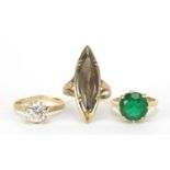 Three 9ct gold rings set with colourful stones, sizes I and N, 9.0g : For Further Condition