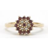 9ct gold seed pearl and garnet three tier cluster ring, size Q, 3.5g : For Further Condition Reports