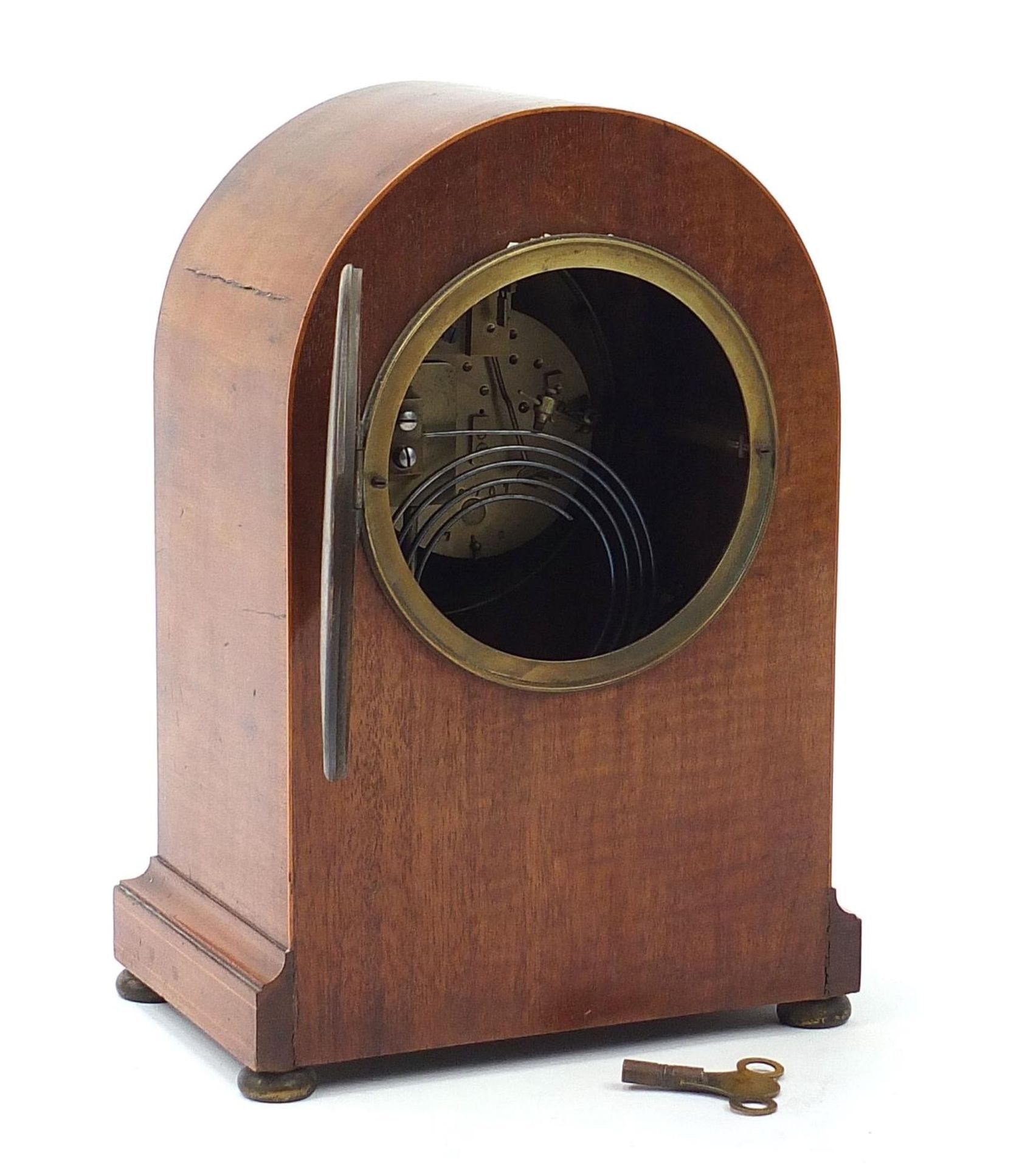 Elkington & Co, Edwardian inlaid mahogany dome top mantle clock striking on a gong with enamel - Image 9 of 10