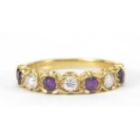 18ct gold diamond and amethyst half eternity ring, the diamonds approximately 2mm in diameter,