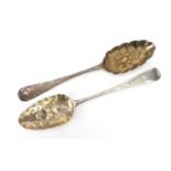 Two Georgian silver berry spoons including one by Ebenezer Coker, 21.5cm in length, 118.2g : For