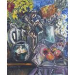 Still life flowers and fruit, oil on board, indistinctly signed, possibly O Wilson, framed, 54cm x