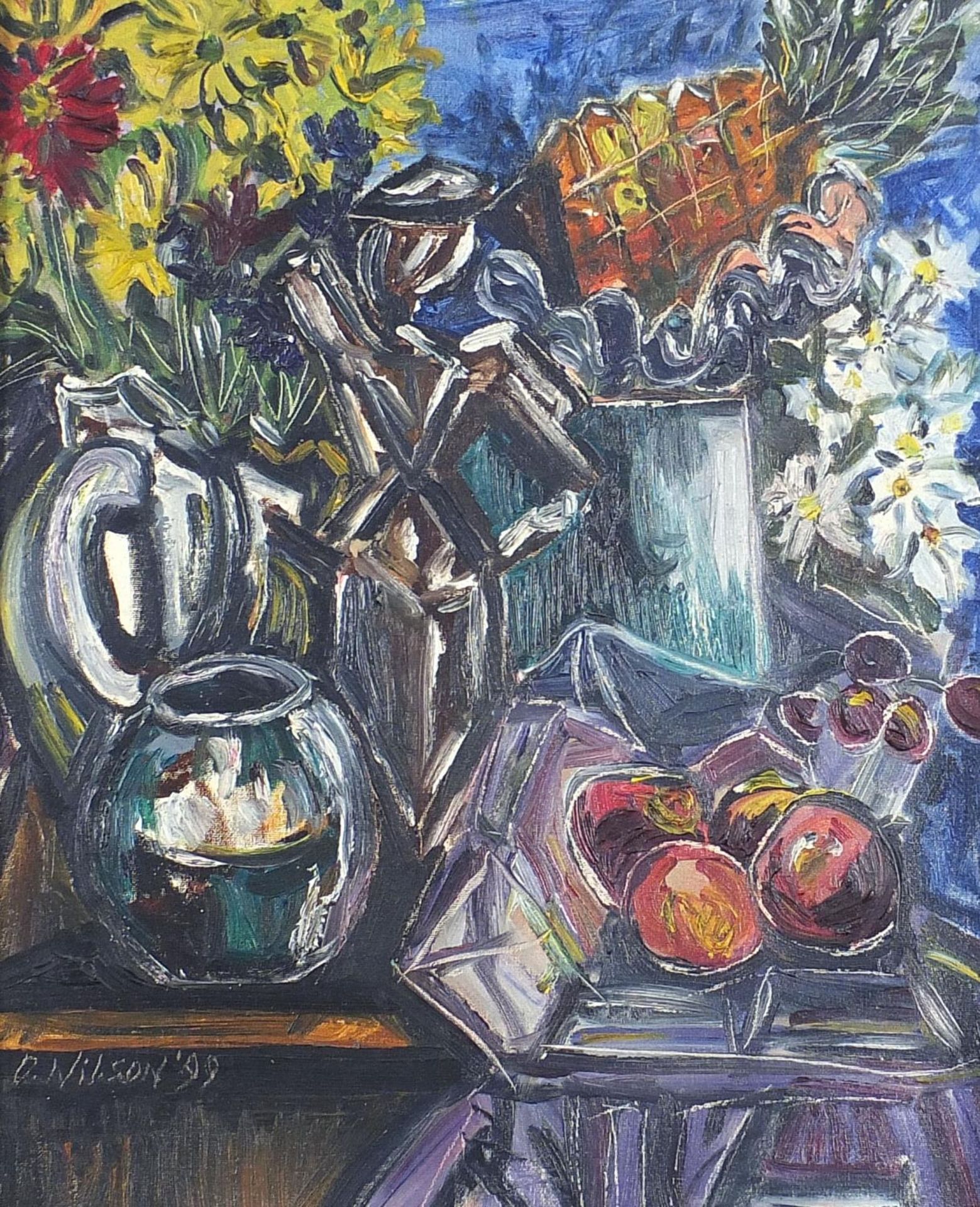 Still life flowers and fruit, oil on board, indistinctly signed, possibly O Wilson, framed, 54cm x