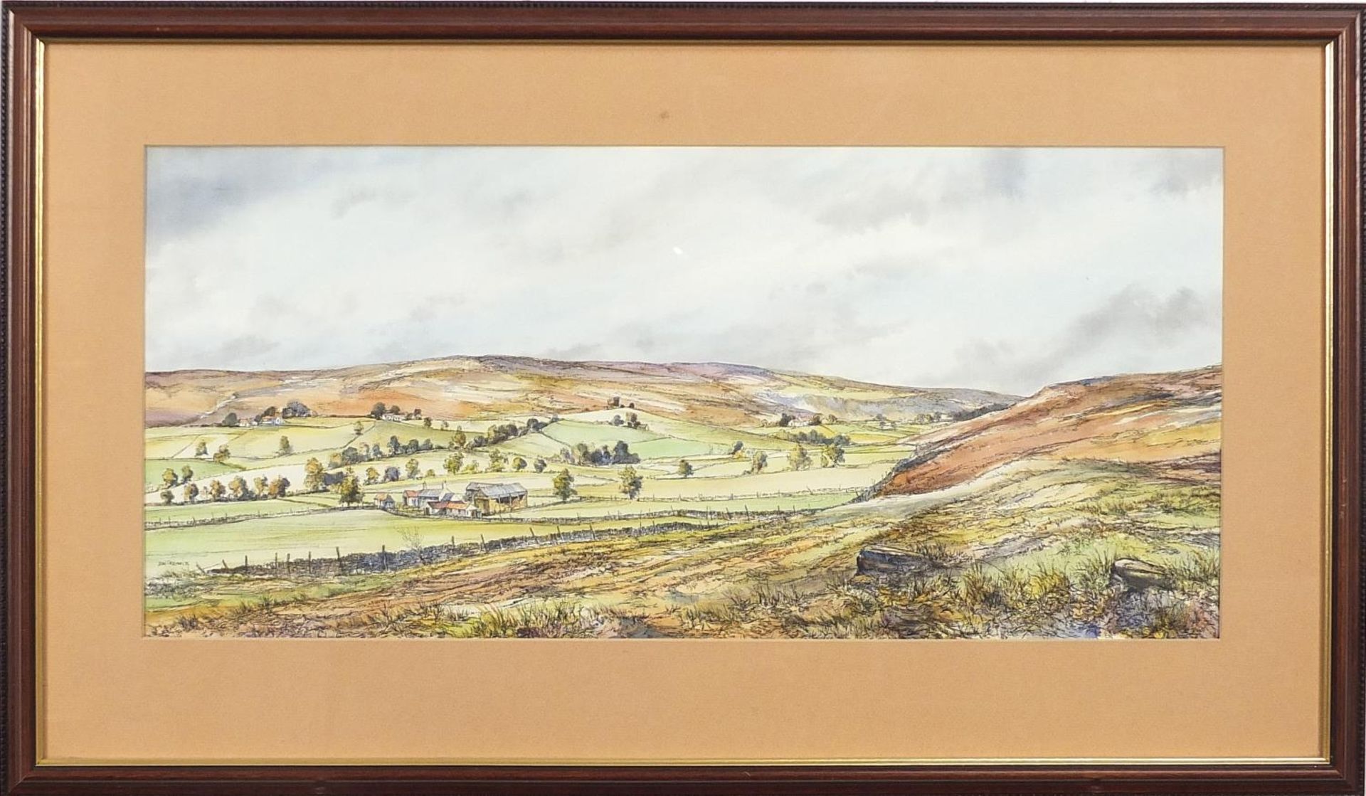 John Freeman '75 - Rural landscape, ink and watercolour, mounted, framed and glazed, 59cm x 27cm - Image 2 of 5