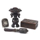 African and Asian items including a Peruvian terracotta figure, carved wood box and animal seal, the