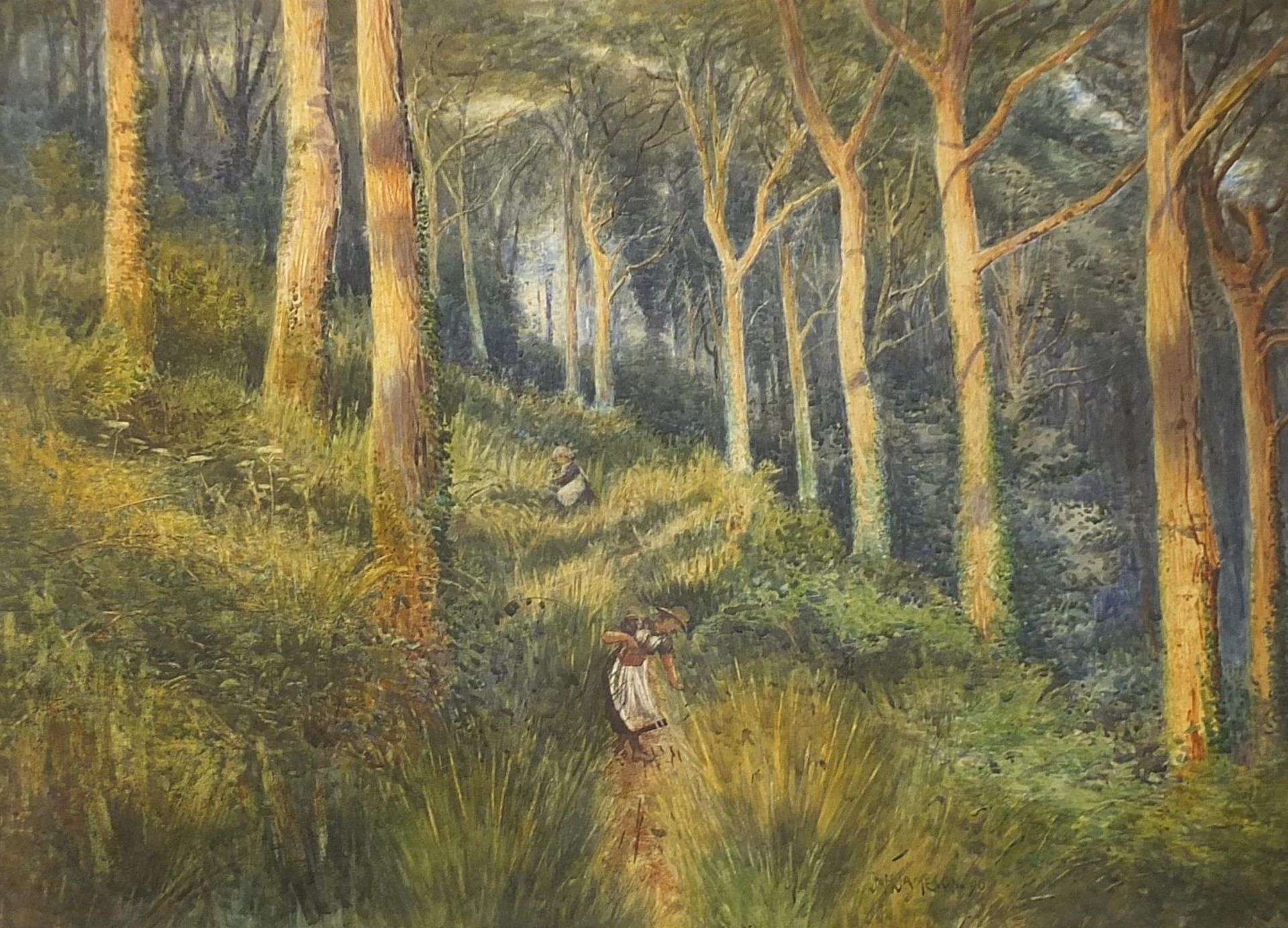 James Jameson - Two figures in woodland, late 19th century watercolour, S J Wiseman label verso,