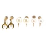 Three pairs of 9ct gold pearl earrings with screw backs including a pair of horseshoe examples,