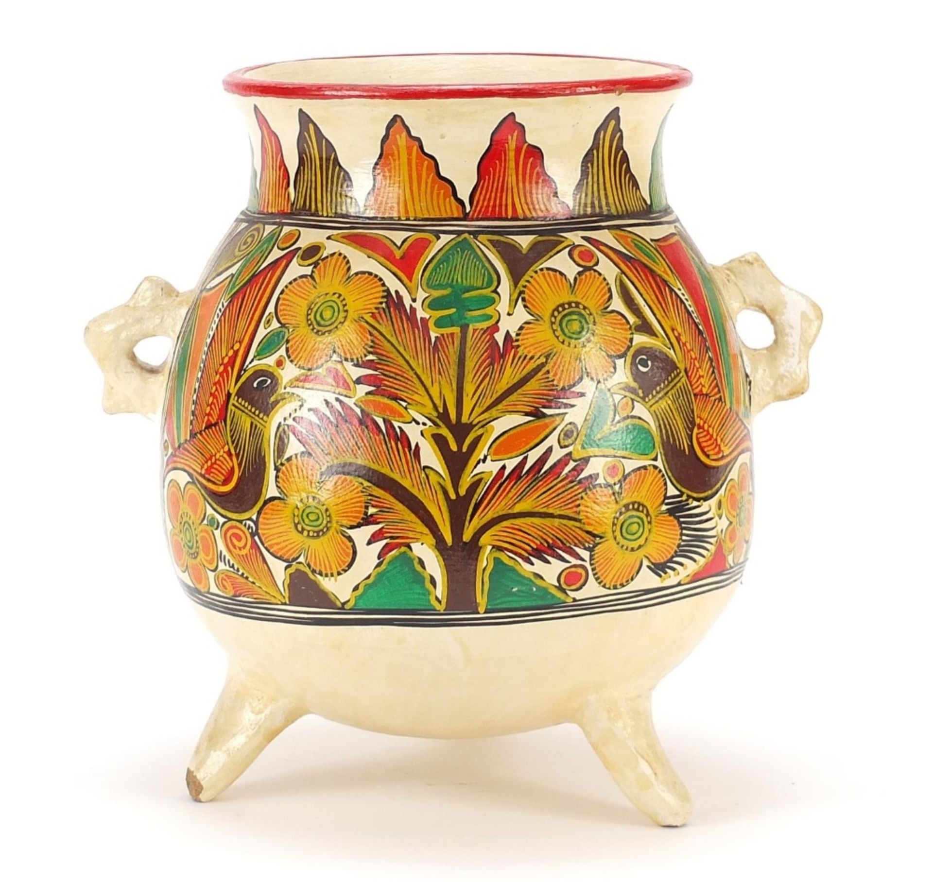 Peruvian terracotta vessel with twin handles hand painted with birds and flowers : For Further - Image 3 of 5