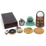 Sundry items including a map measurer, Rototherm thermometer, gilt compact with photograph