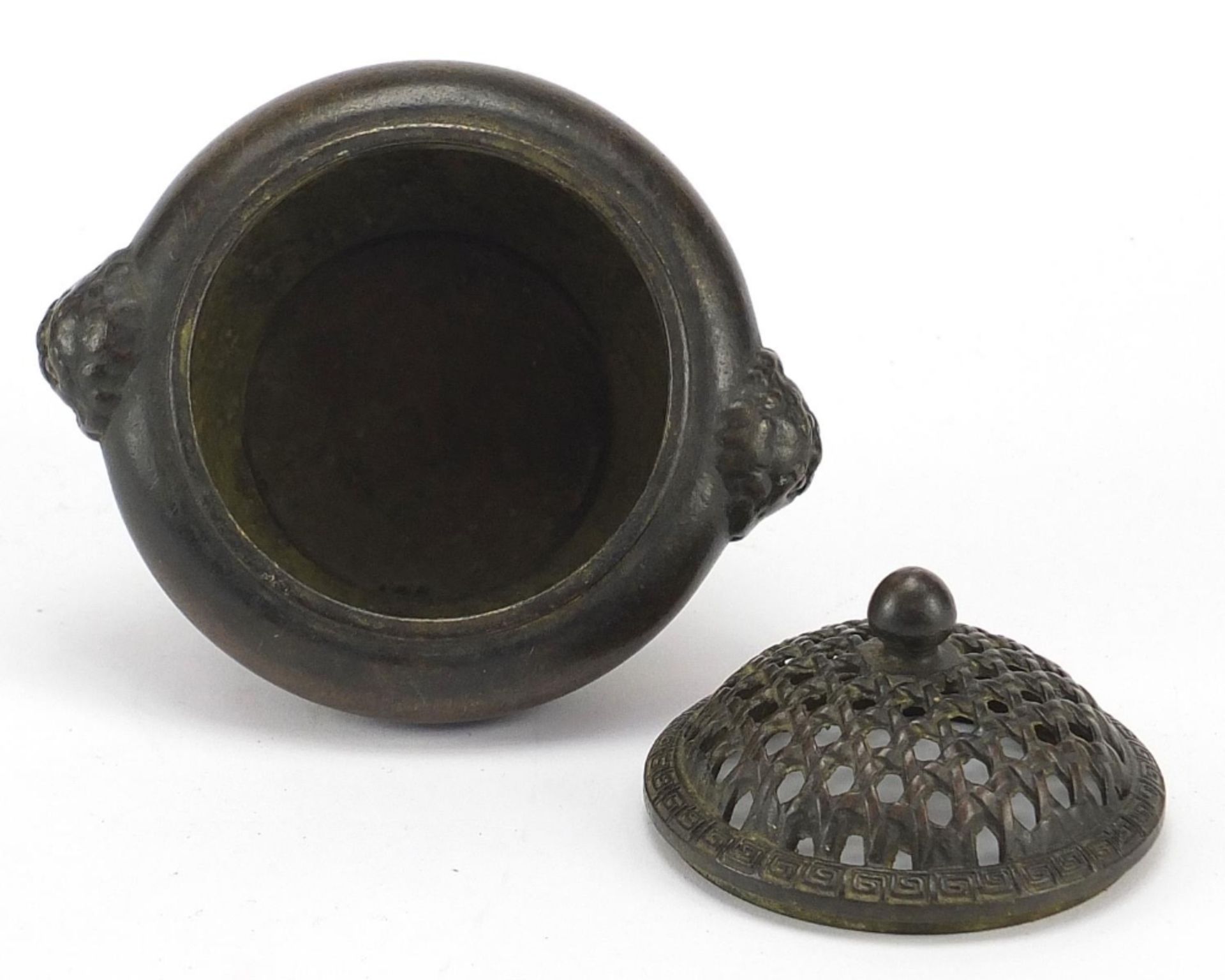 Chinese patinated bronze censer with pierced lid and animalia handles, 12cm wide : For Further - Image 5 of 6