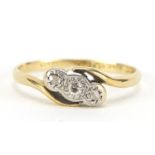 18ct gold and platinum diamond three stone crossover ring, size J, 1.8g : For Further Condition