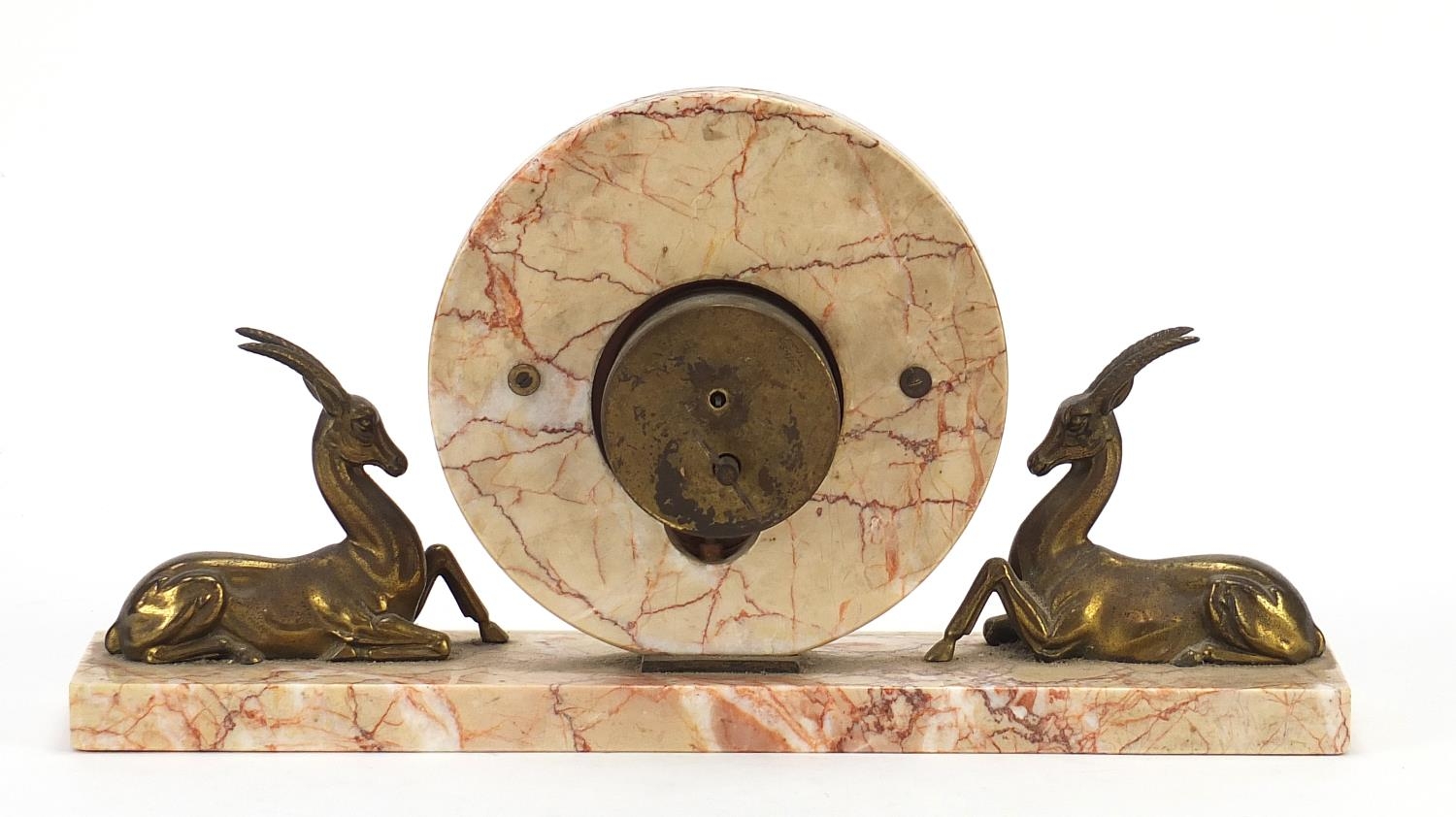 French Art Deco marble gazelle design mantle clock with circular dial and chapter ring having Arabic - Image 3 of 4