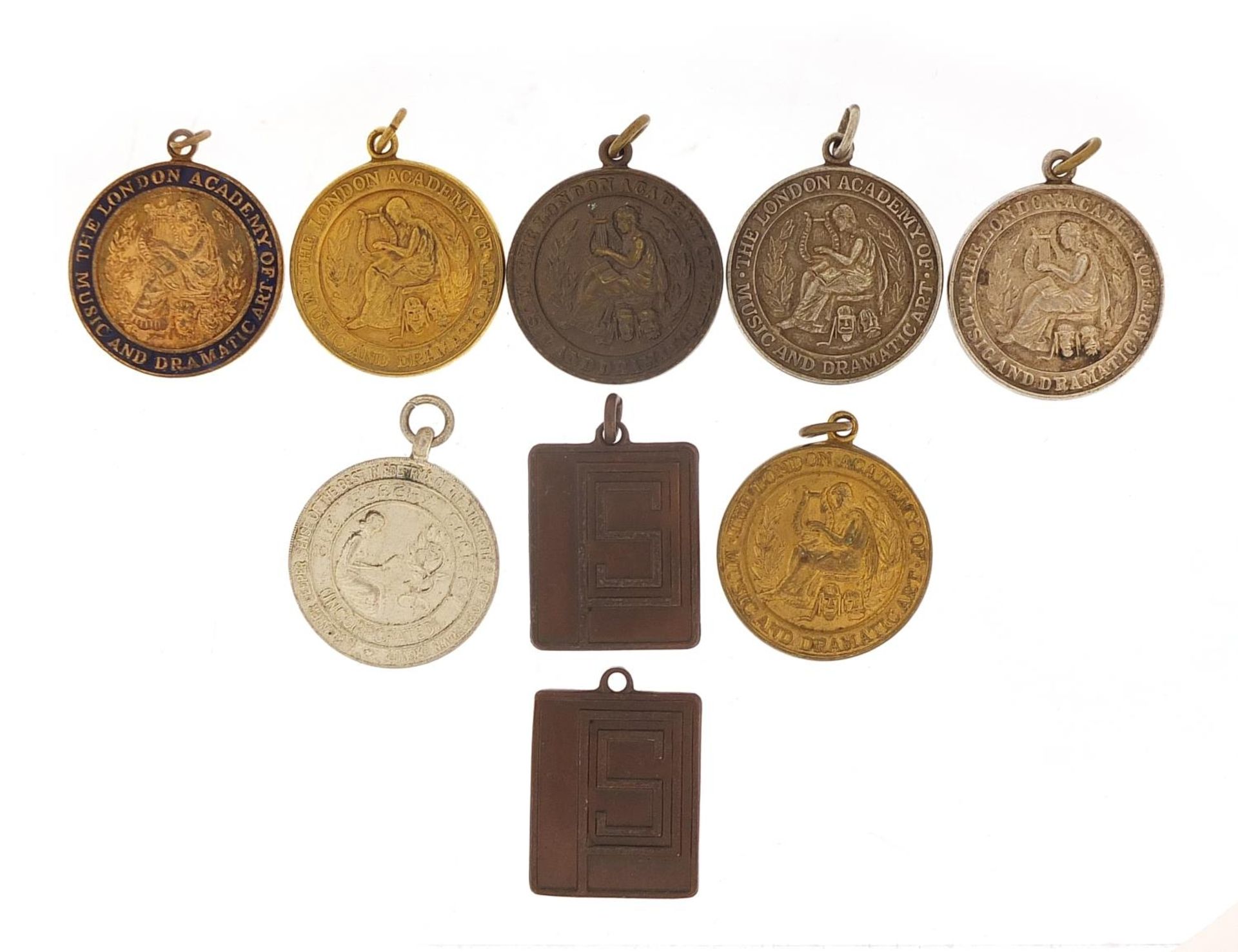 Seven London Academy of Music and Dramatic Art medallions and two poetry society examples : For