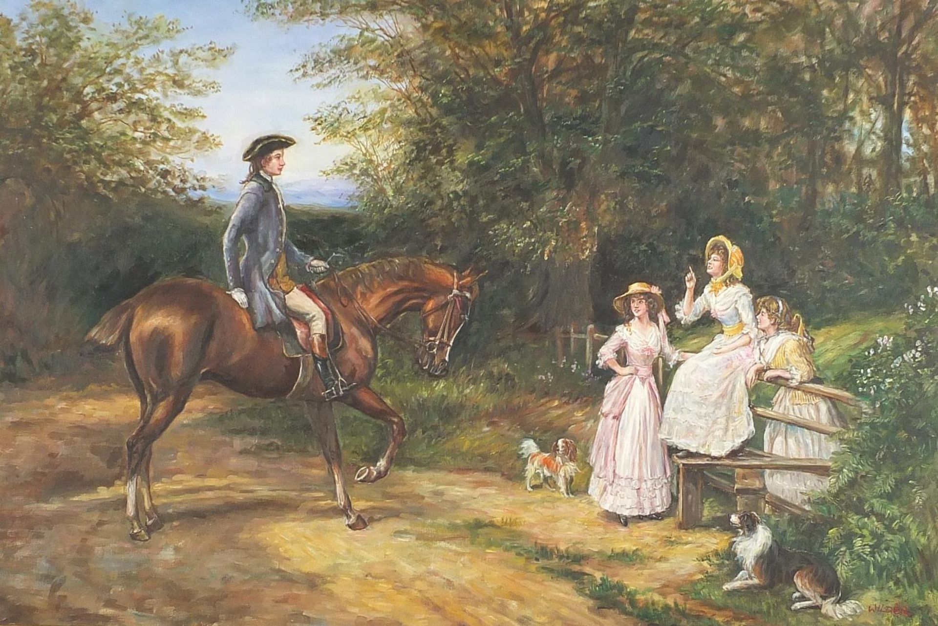 Wilder - Cavalier on horseback with three females, 19th century style oil on canvas, framed, 91cm