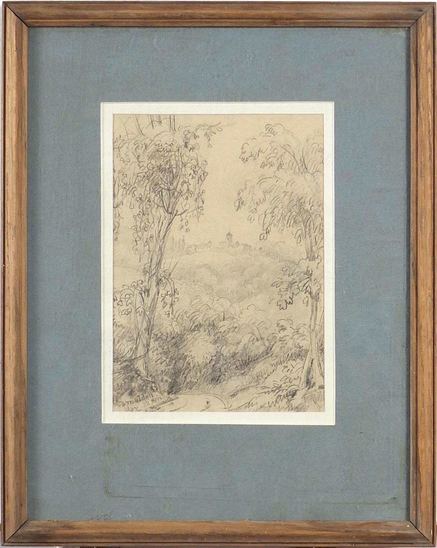 Lady Elizabeth Percy - Tuscan landscape, 19th century pencil sketch, Agnew Gallery label and details - Image 2 of 5