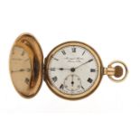 Frigott, gentlemen's gold plated full hunter pocket watch with subsidiary dial, the enamelled dial
